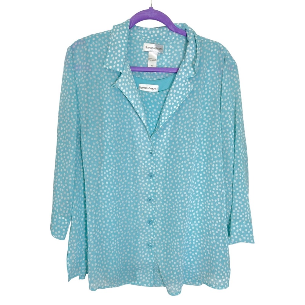 Drapers & Damons 1X Aqua Blue Polka Dot Blouse & Tank Twin Set Coastal Grandma